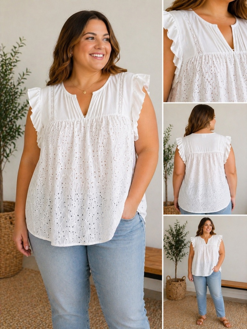 Bobeau White Eyelet Lace Flutter Sleeve Blouse Cottagecore Boho Top Feminine